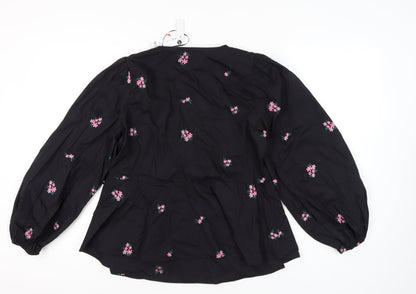 George Women's Black Wrap Blouse, Size 10, Floral Embroidery