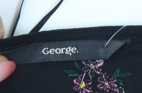 George Women's Black Wrap Blouse, Size 10, Floral Embroidery