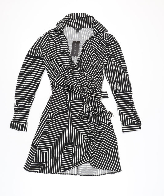 New Look Women's Black Striped Wrap Dress Size 8