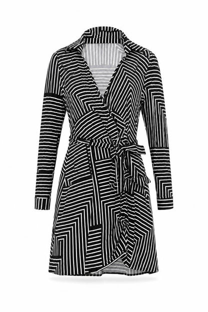 Front view of New Look Women's Black Striped Wrap Dress, size 8