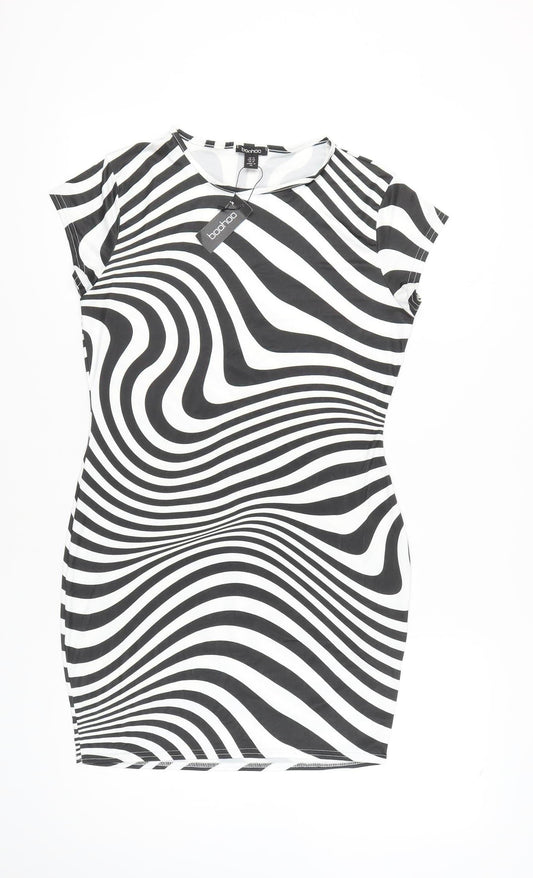 boohoo Women's Black & White Striped Bodycon Dress Size 14