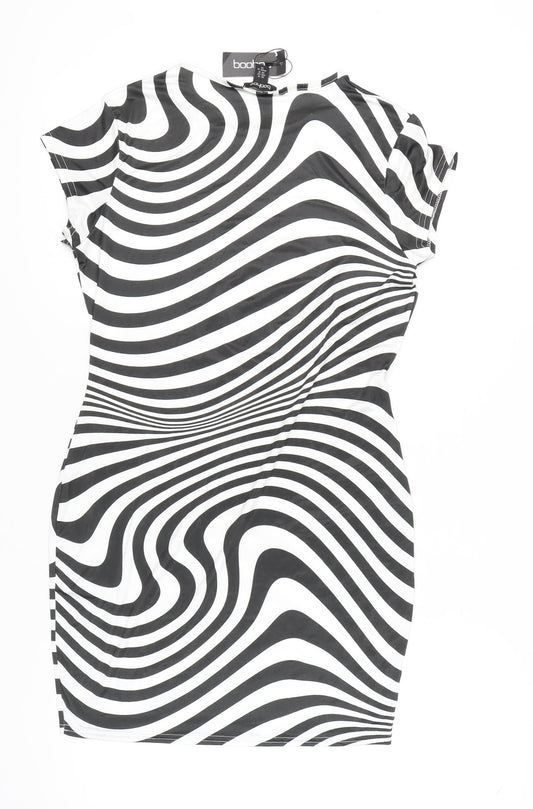 boohoo Women's Black & White Striped Bodycon Dress Size 14