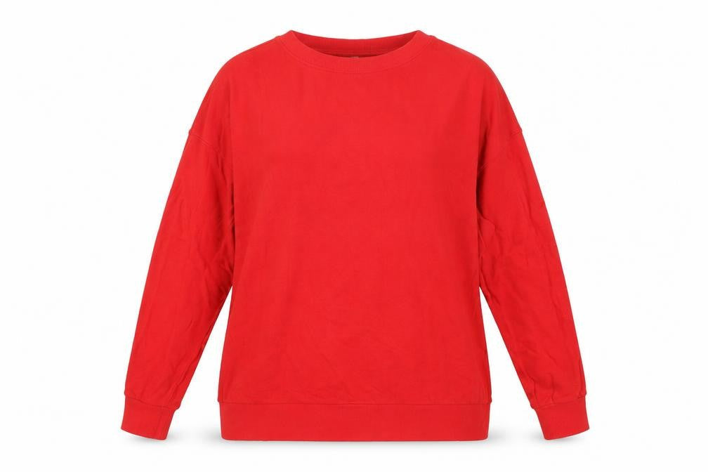 Front view of Red unisex sweatshirt, size L, casual cotton crew neck