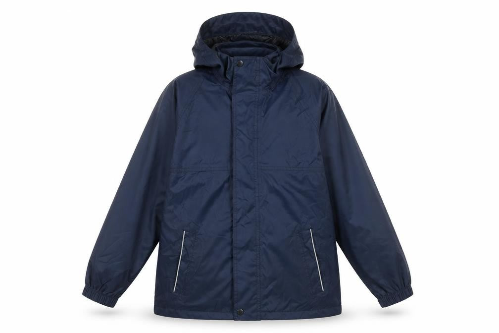 Front view of Regatta boys’ blue rain coat, size 9-10, years, waterproof