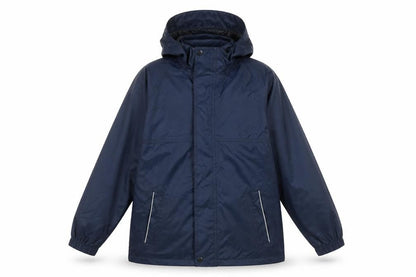 Front view of Regatta boys’ blue rain coat, size 9-10, years, waterproof