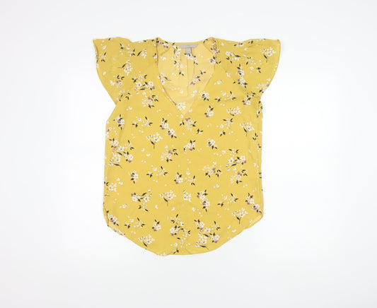 H&M Women's Yellow Floral Blouse Size 8 V-Neck