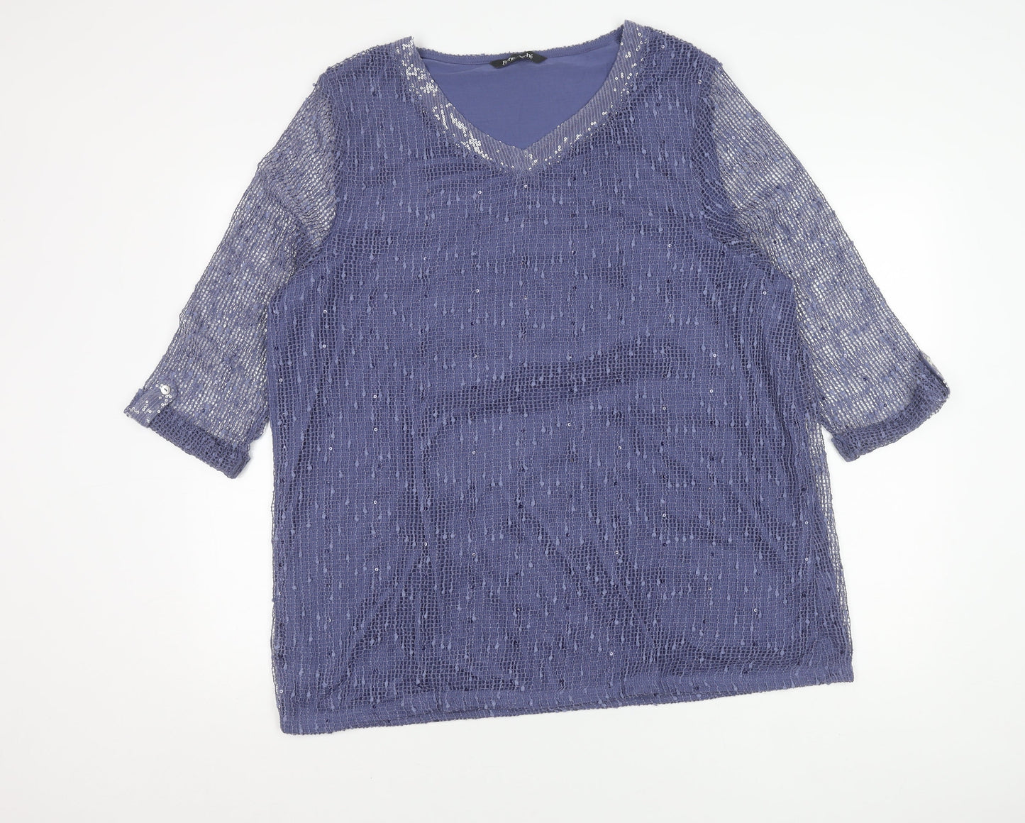 Bonmarché Women Blue 3/4 Sleeve V-Neck Top 22