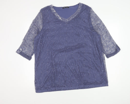 Bonmarché Women Blue 3/4 Sleeve V-Neck Top 22