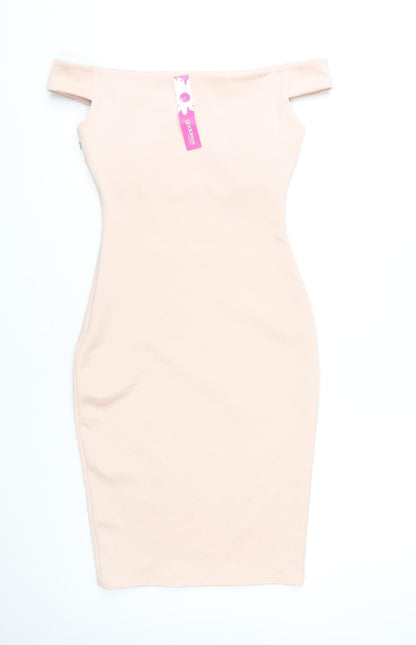 Goddess London Beige Bodycon Dress, Women's Off Shoulder Size 10