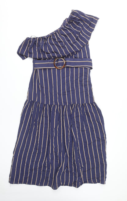 Topshop Women Blue Striped Dress, Size 10, Belted