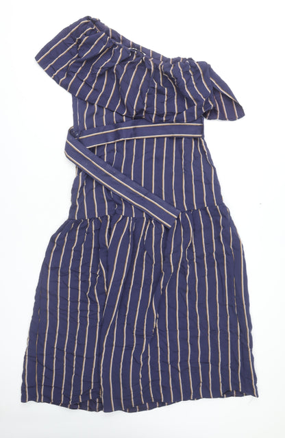 Topshop Women Blue Striped Dress, Size 10, Belted