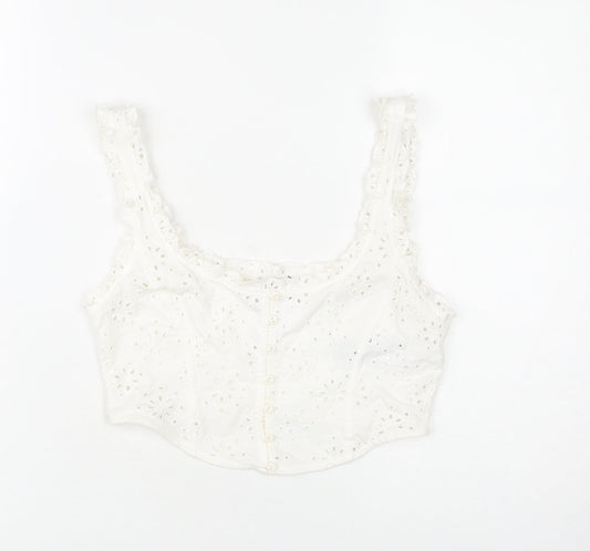 Bershka Women's White Cotton Cropped Camisole Blouse S Lace