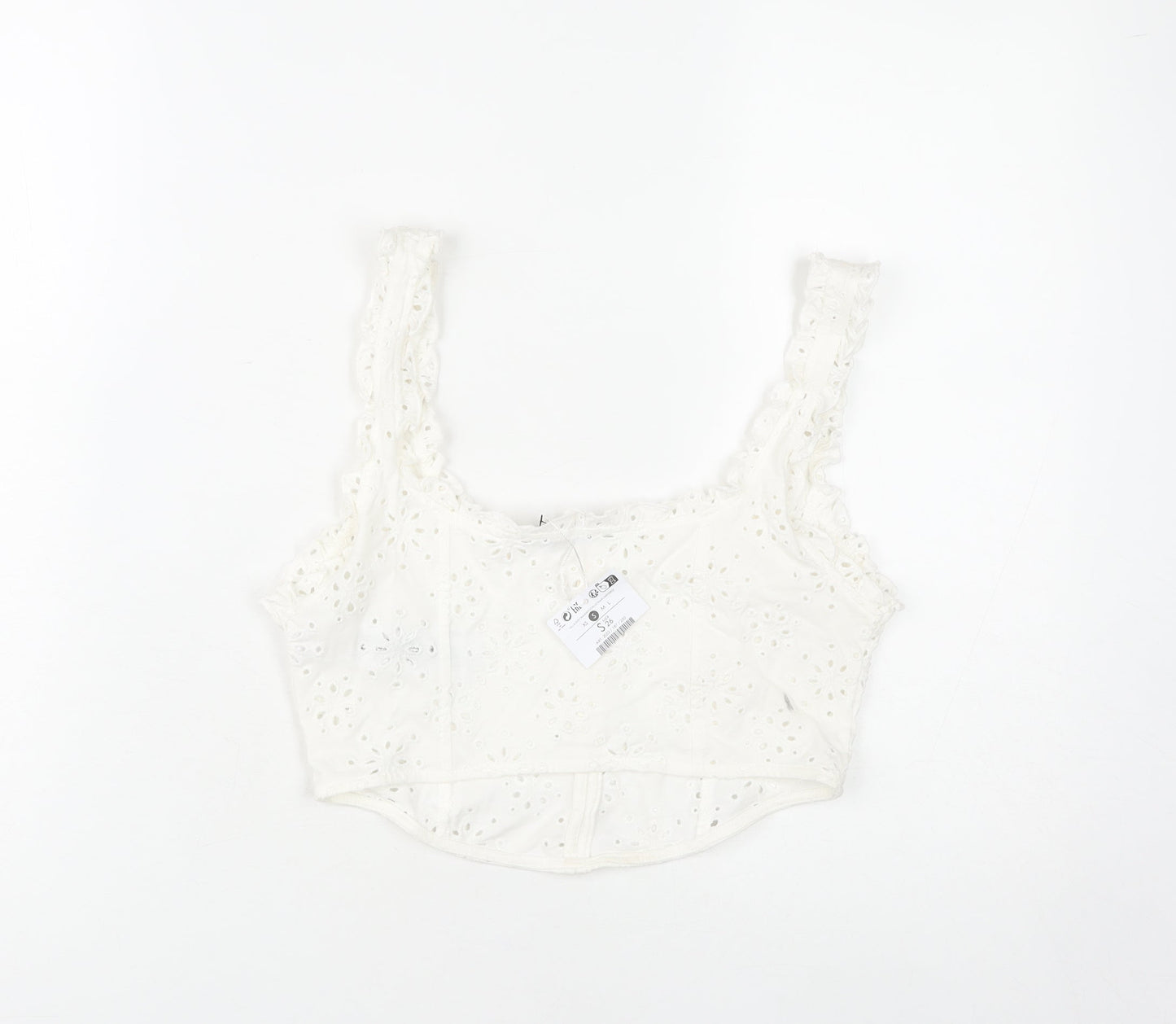 Bershka Women's White Cotton Cropped Camisole Blouse S Lace