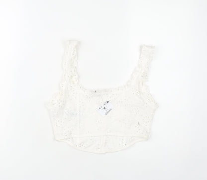 Bershka Women's White Cotton Cropped Camisole Blouse S Lace