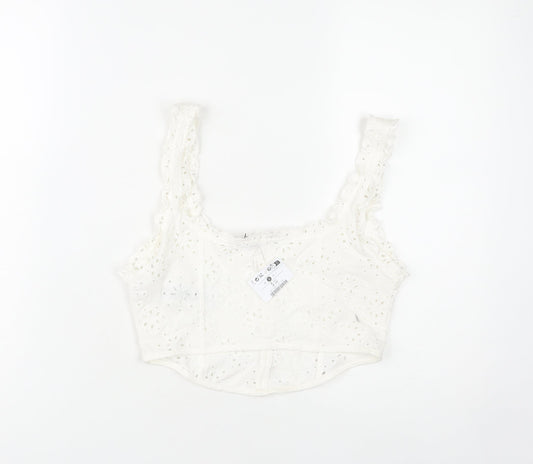 Bershka Women's White Cotton Cropped Camisole Blouse S Lace