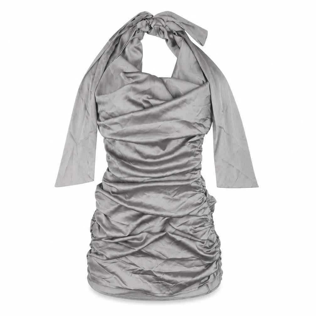 Front view of PRETTYLITTLETHING Women's Grey Halter Bodycon Dress, size 8