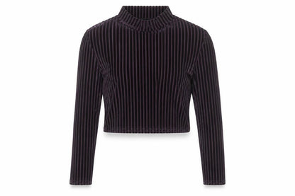 Front view of Wednesday's Girl Women's Striped Velvet Cropped Top, M