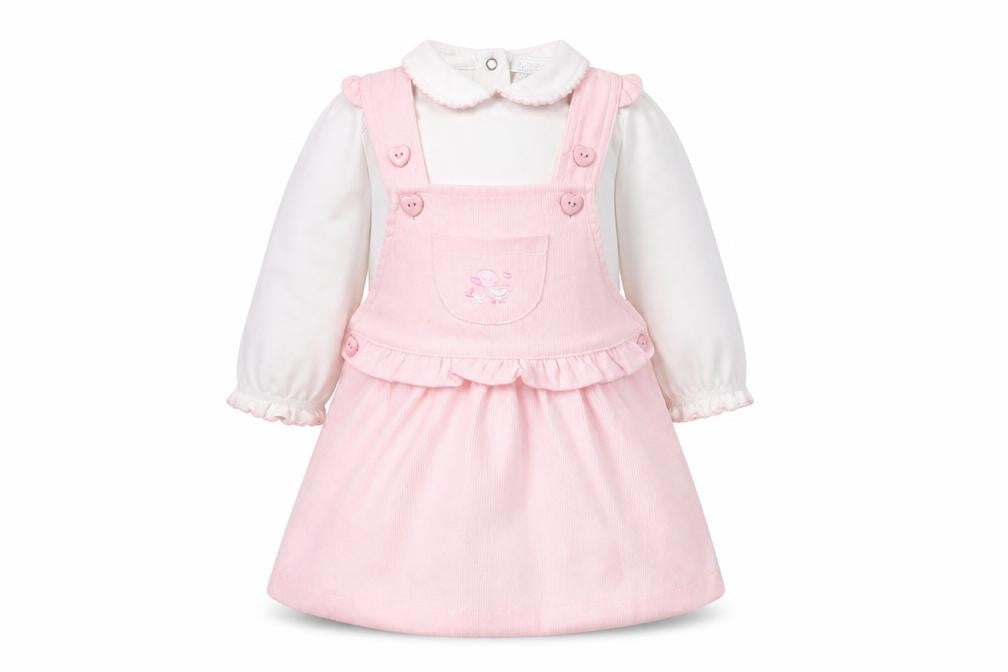 Front view of Amore girls’ pink pinafore dress 3-6 months collared button