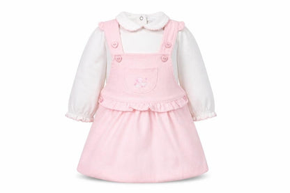 Front view of Amore girls’ pink pinafore dress 3-6 months collared button