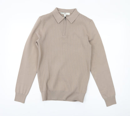 River Island Men's Beige Collared Full Zip Jumper S