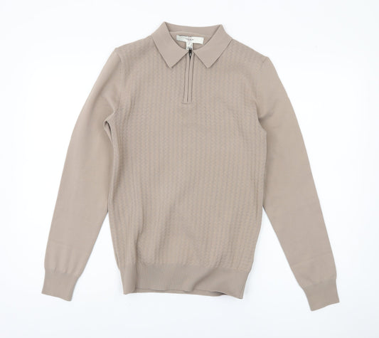 River Island Men's Beige Collared Full Zip Jumper S