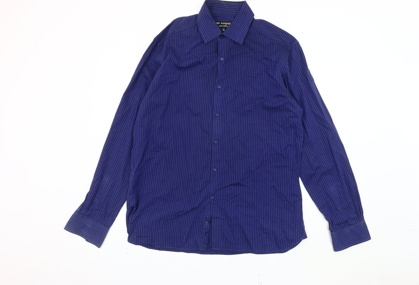 Marks & Spencer Men's Blue Striped Shirt, 16.5, Button-Up
