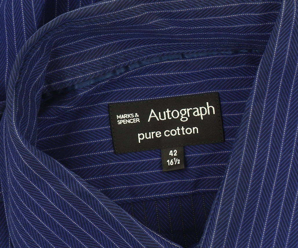 Marks & Spencer Men's Blue Striped Shirt, 16.5, Button-Up