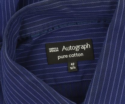 Marks & Spencer Men's Blue Striped Shirt, 16.5, Button-Up