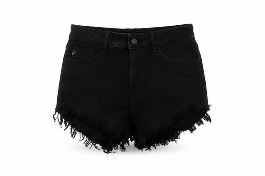 Front view of KanCan Women's Black Cut-Off Denim Shorts, size 28