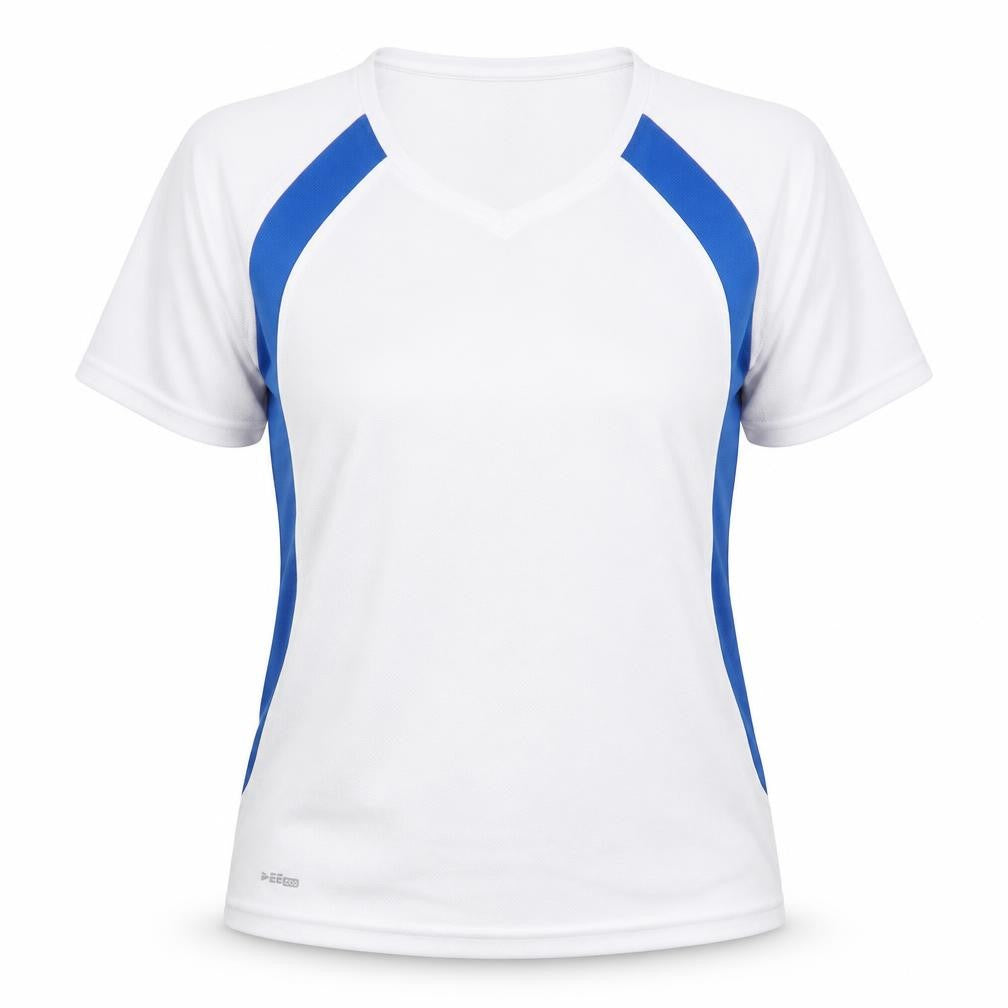 Front view of DEE Women's White Blue Running T-Shirt, size S