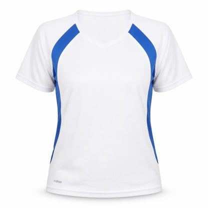 Front view of DEE Women's White Blue Running T-Shirt, size S