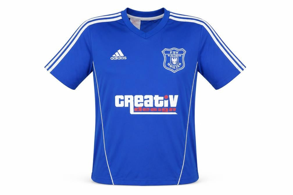 Front view of Adidas boys’ blue football jersey t-shirt, size 13-14