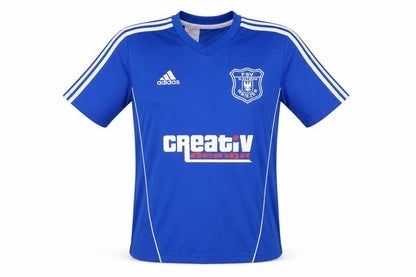 Front view of Adidas boys’ blue football jersey t-shirt, size 13-14