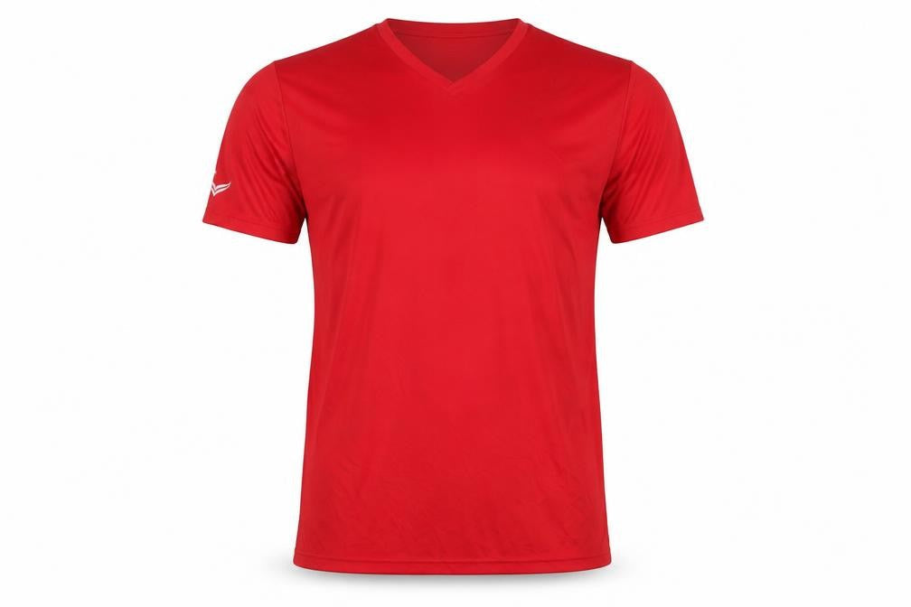 Front view of Trigema Men's Red V-Neck Polyester T-Shirt