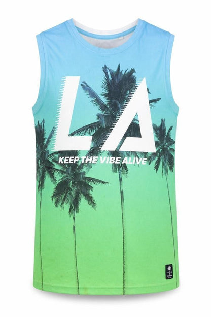 Front view of Skate Nation boys’ blue green sleeveless tank top