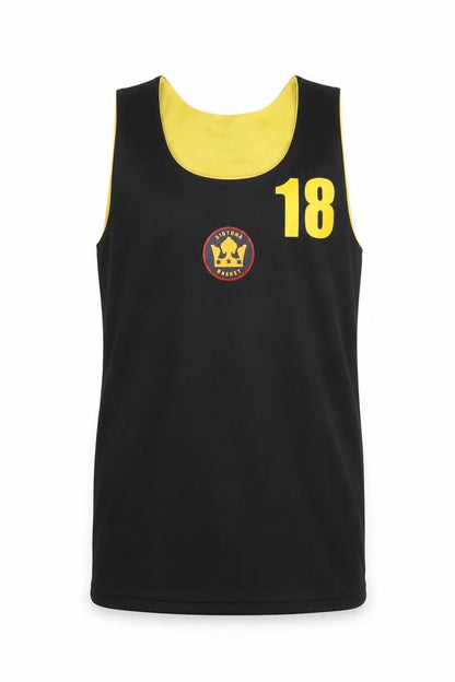 Front view of Allemo boys’ black basketball tank jersey, 12 years