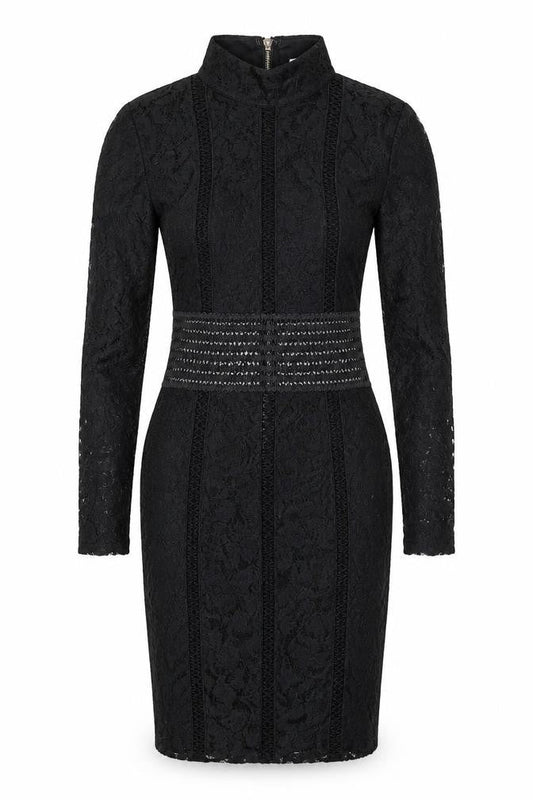 Front view of Rare London Women's Black, size 8, Bodycon Lace Dress