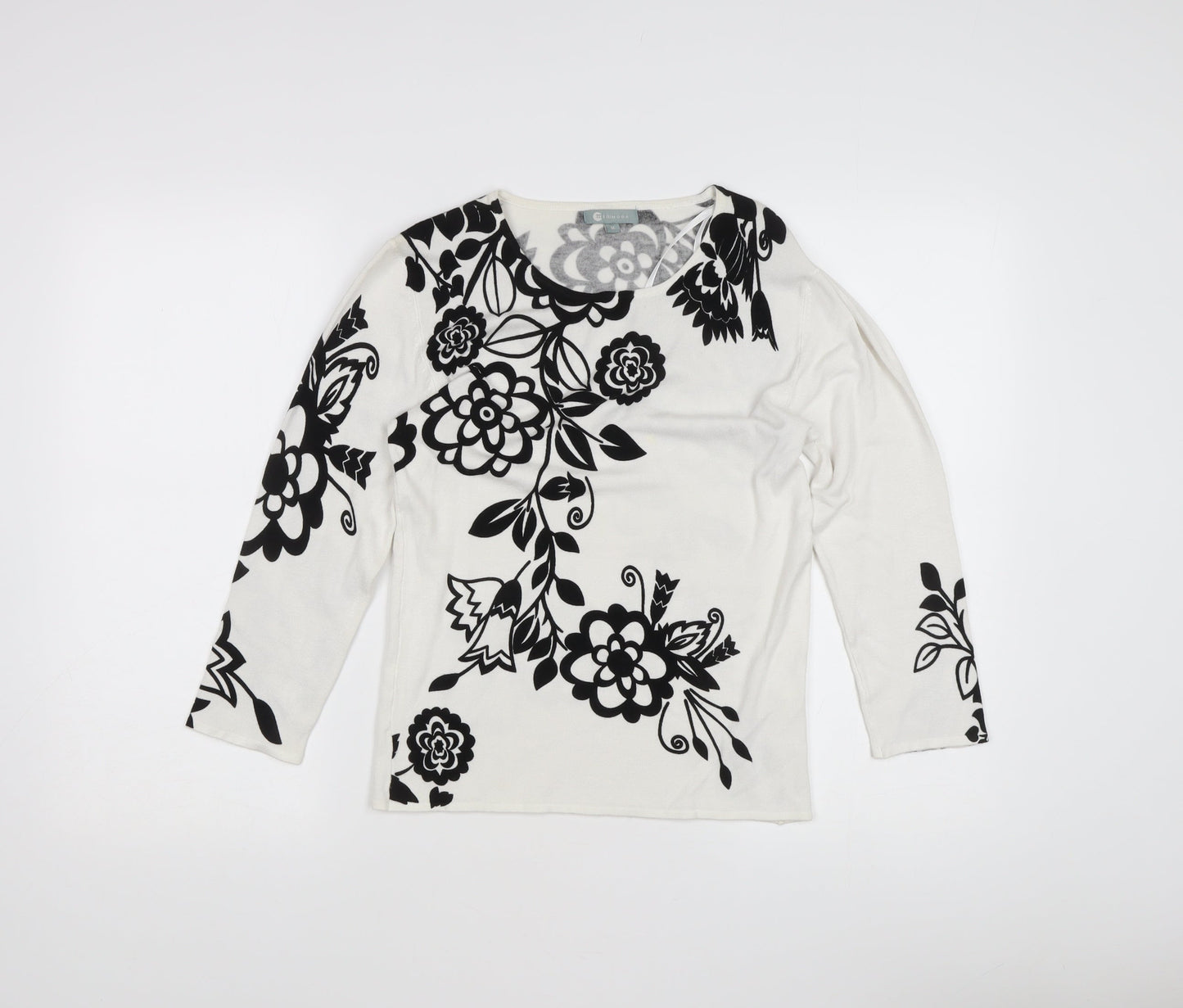 Tri Moda Women's White Floral Pullover Jumper M