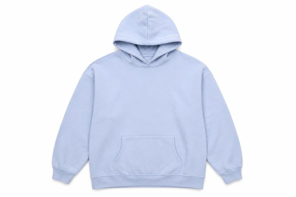 Front view of New Look unisex blue pullover hoodie, l