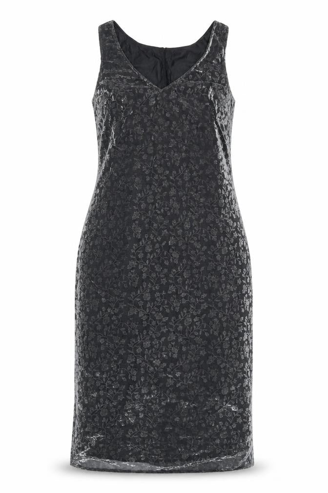 Front view of Essence Women's Black Floral Velvet Sheath Dress, size 18