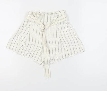 Bershka Women's White Striped Paperbag Shorts - Size 8