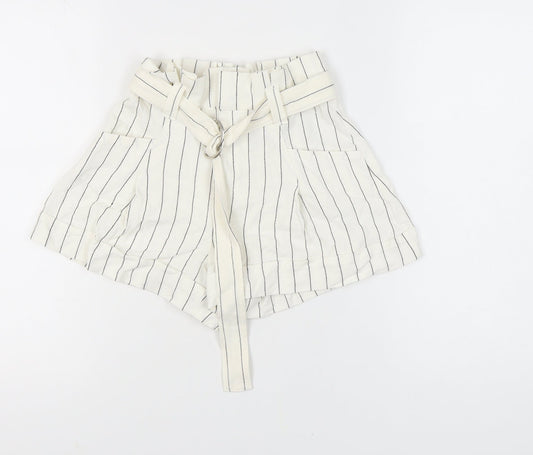 Bershka Women's White Striped Paperbag Shorts - Size 8