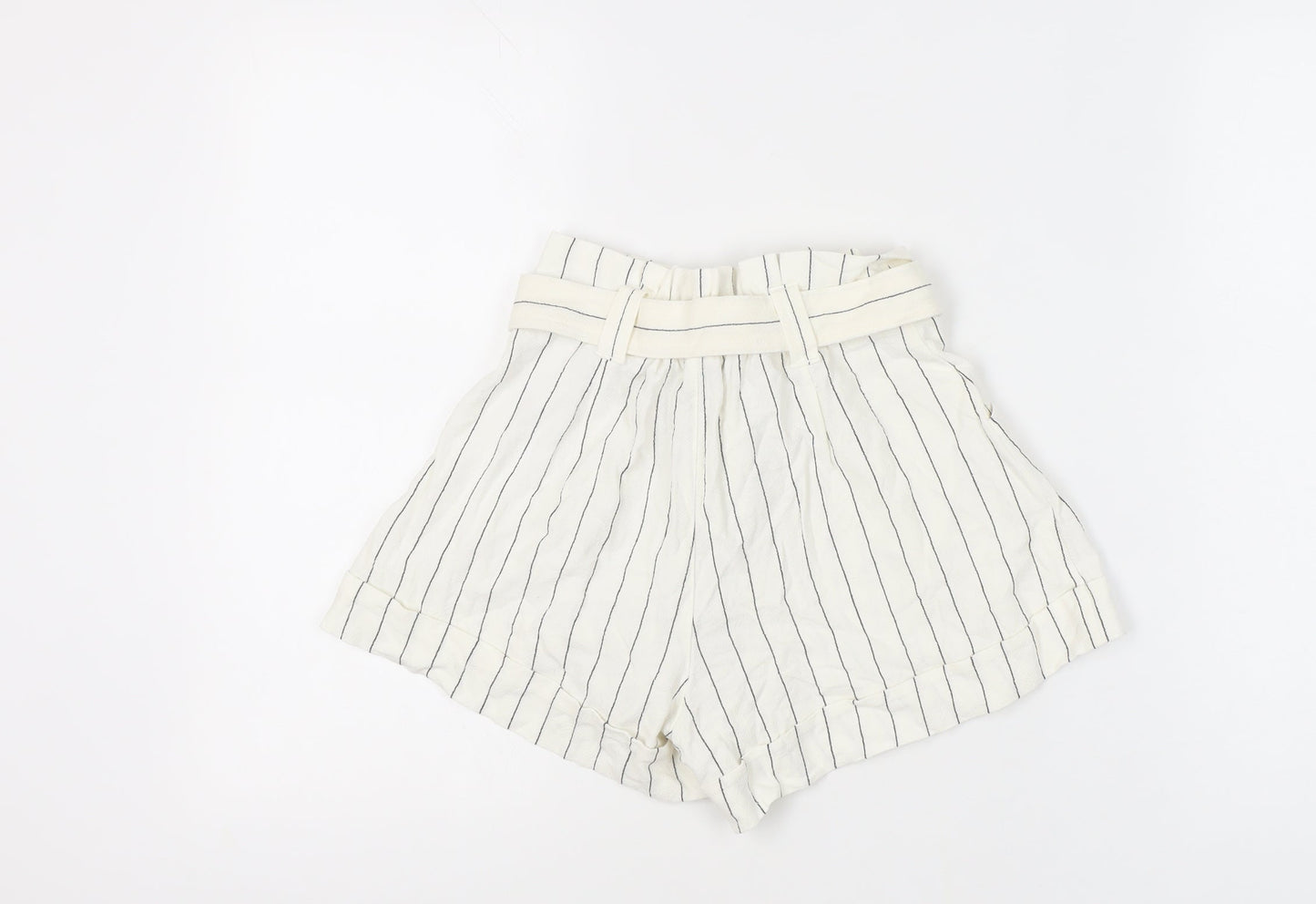 Bershka Women's White Striped Paperbag Shorts - Size 8