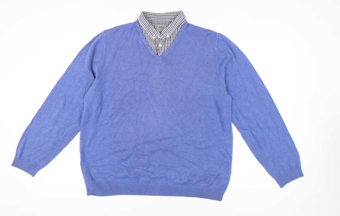 Marks and Spencer Men's Blue Cotton V-Neck Sweater XL