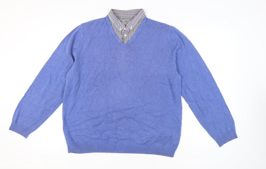 Marks and Spencer Men's Blue Cotton V-Neck Sweater XL