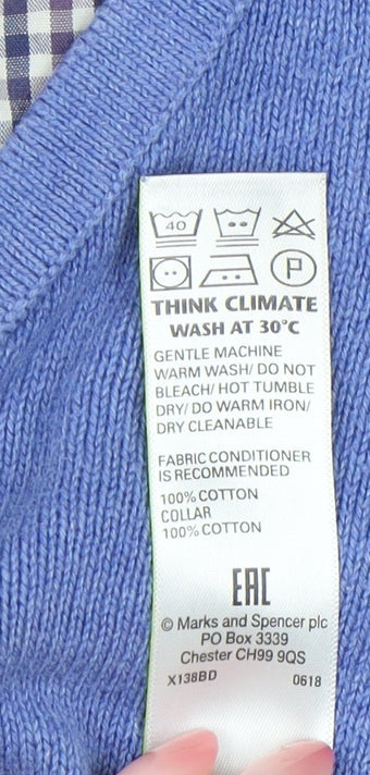 Marks and Spencer Men's Blue Cotton V-Neck Sweater XL