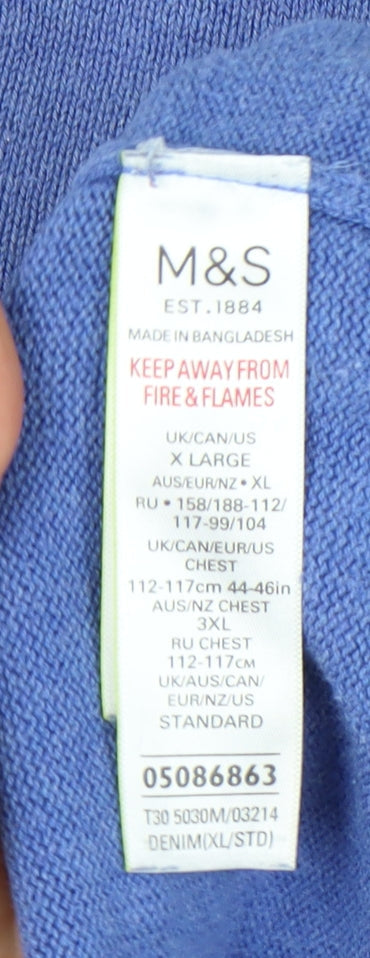 Marks and Spencer Men's Blue Cotton V-Neck Sweater XL