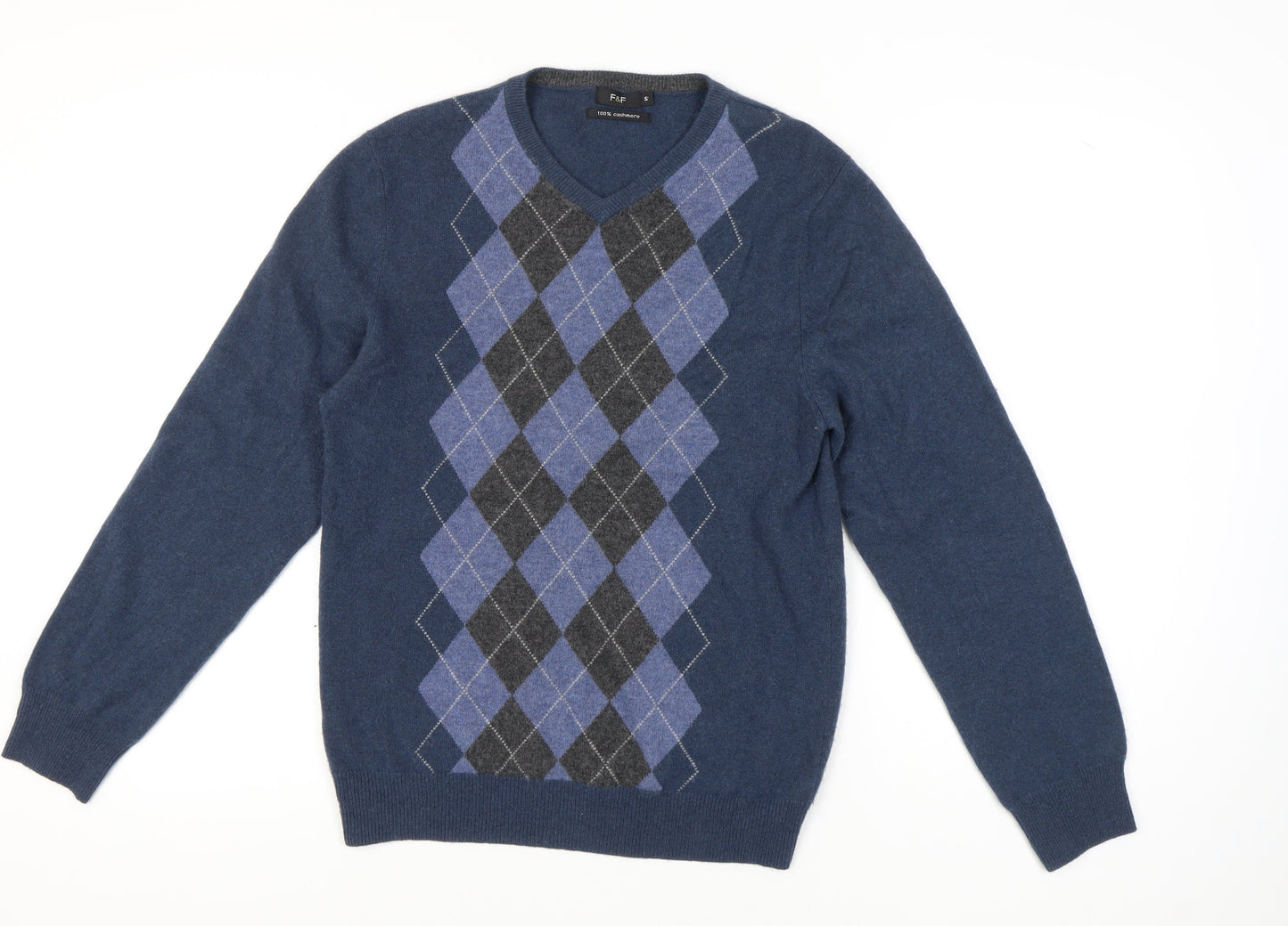 F&F Men's Blue Cashmere Argyle V-Neck Jumper S