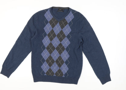 F&F Men's Blue Cashmere Argyle V-Neck Jumper S