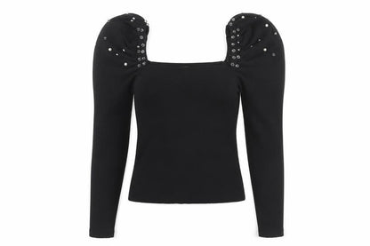 Mochy Women's Black Puff Sleeve Studded Top, One Size